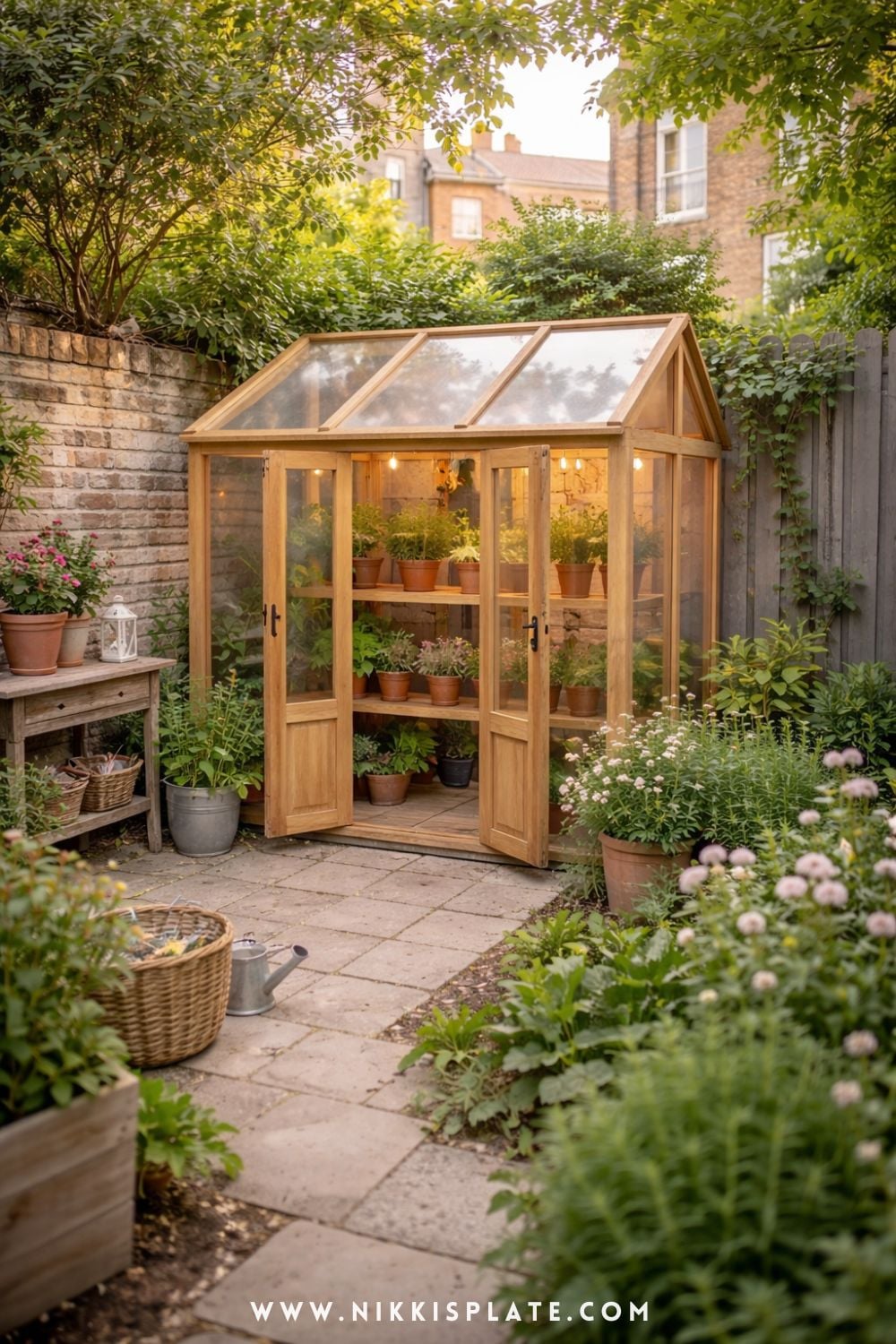small urban backyard greenhouse with warm wood frame, potted plants, and a cozy patio garden setting