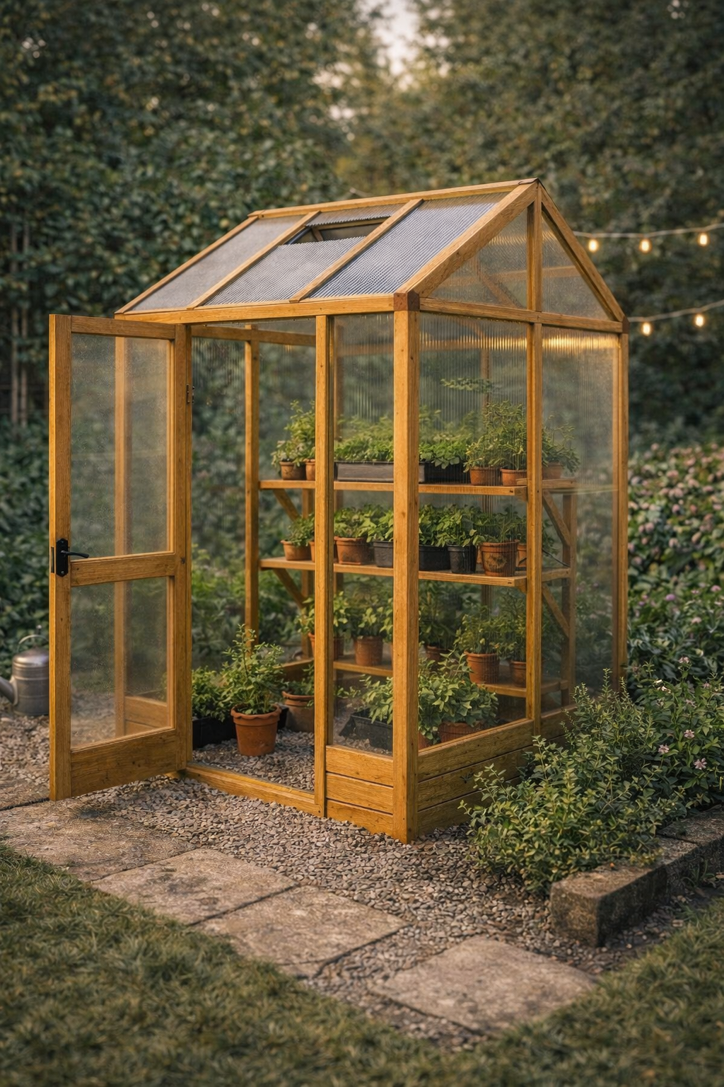 small wooden frame greenhouse in a backyard with shelves of plants and cozy string lights