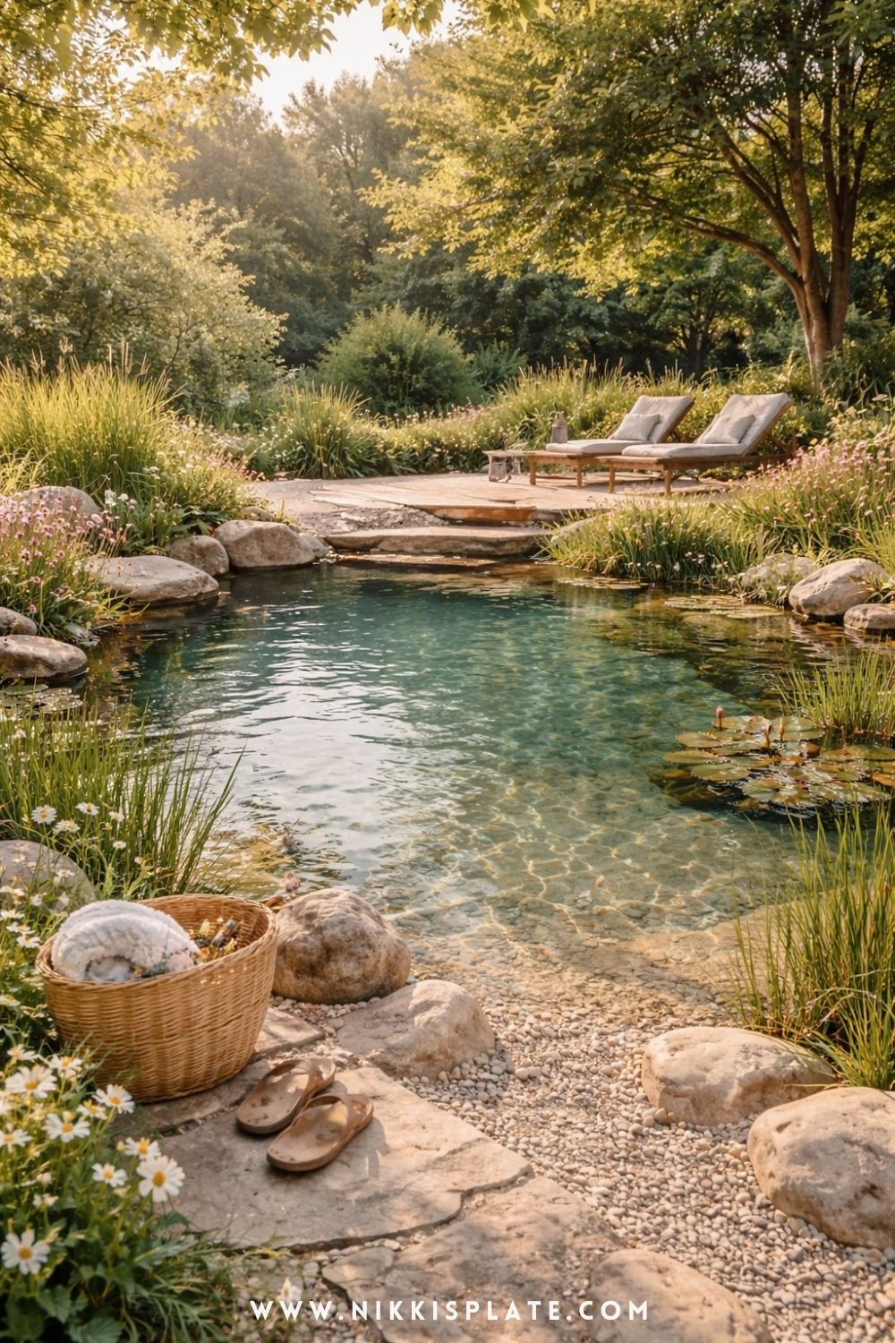swimming pond style natural pool with clear water, stone edges, and lush garden landscaping in a backyard setting