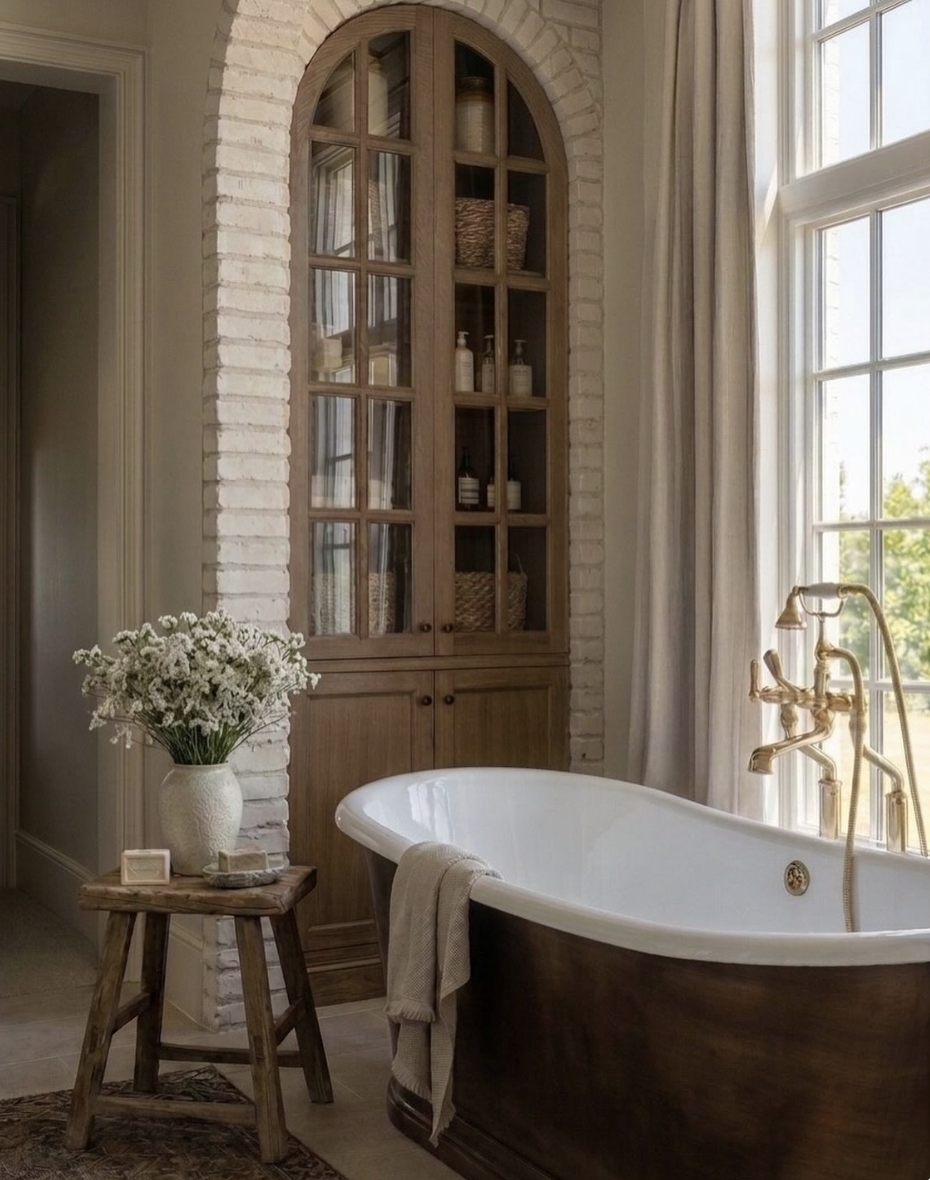 upgrade your home on a budget with a cozy bathroom refresh featuring a freestanding tub, warm wood cabinet, and neutral decor