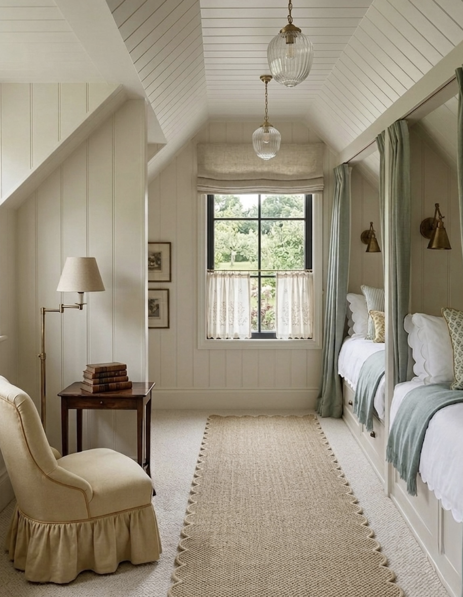 upgrade your home on a budget with a cozy bedroom featuring soft neutral tones, built-in beds, and layered textures