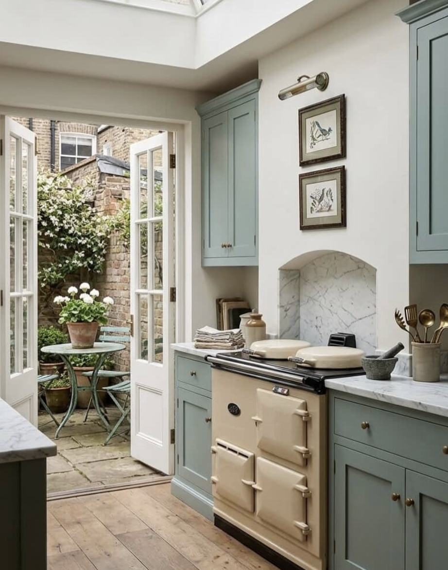 upgrade your home on a budget with a cozy kitchen featuring soft green cabinets, a classic stove, and charming cottage-style details