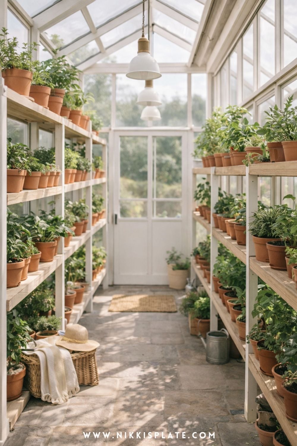 Vertical greenhouse shelving with wooden shelves filled with potted plants in a bright, airy greenhouse interior