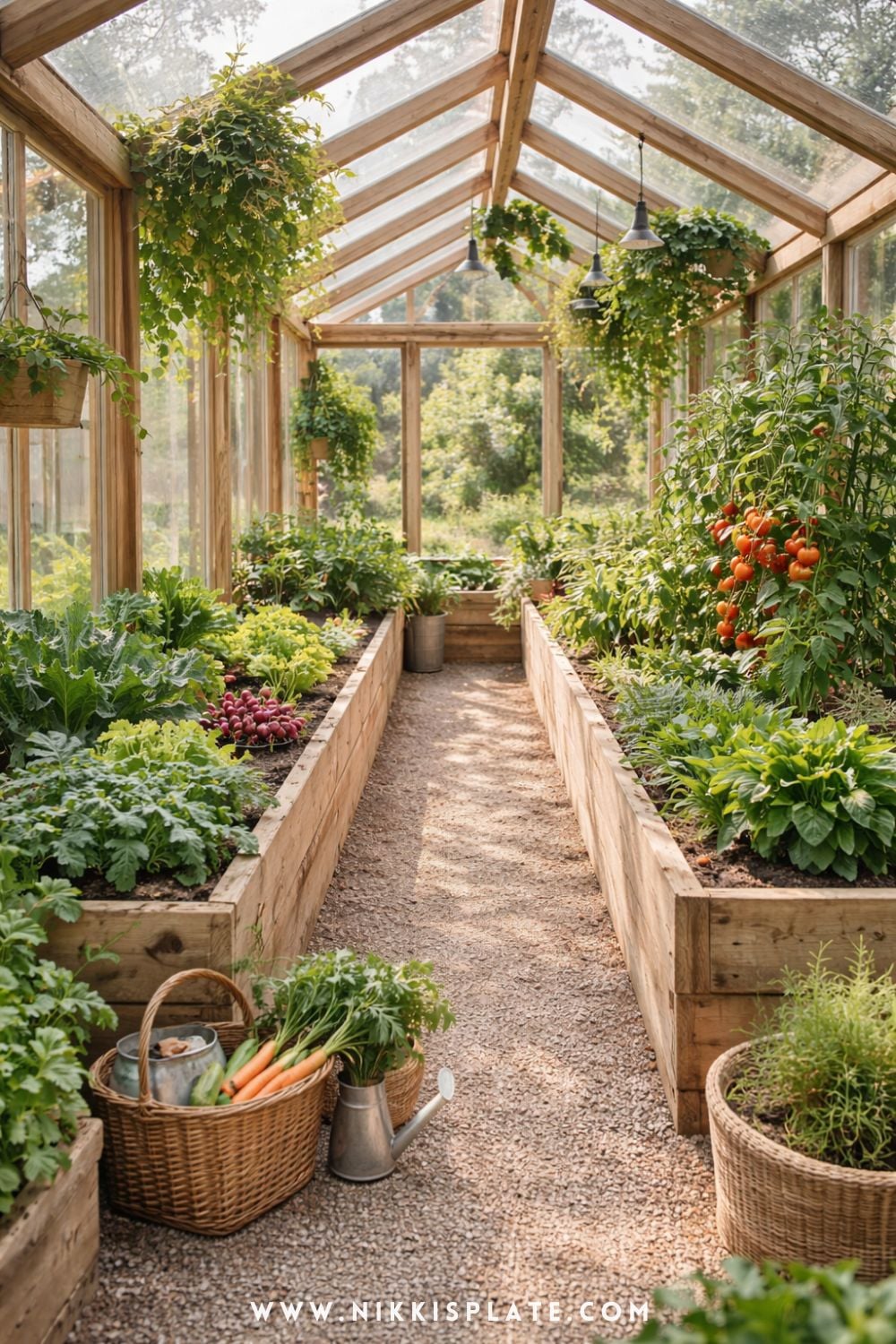 Airy farmhouse-style year-round greenhouse with wooden raised beds and rows of young vegetable plants in soft natural light