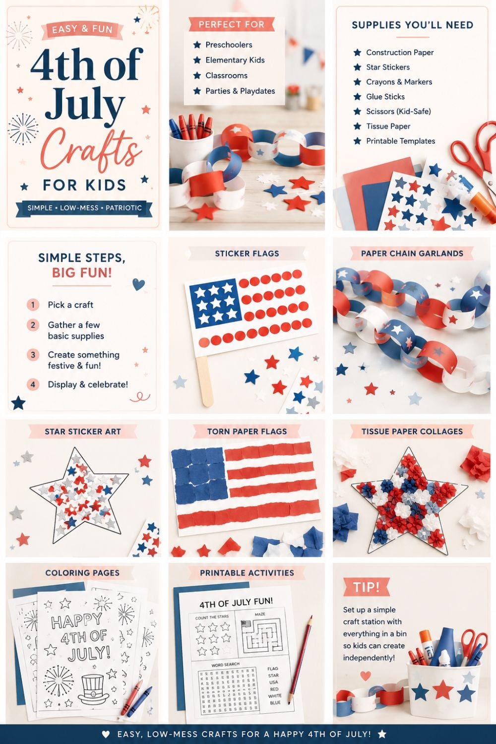 4th of July crafts for kids collage with sticker flags, paper chains, star sticker art, torn paper flags, tissue paper collages, coloring pages, printable activity sheets, and craft supplies