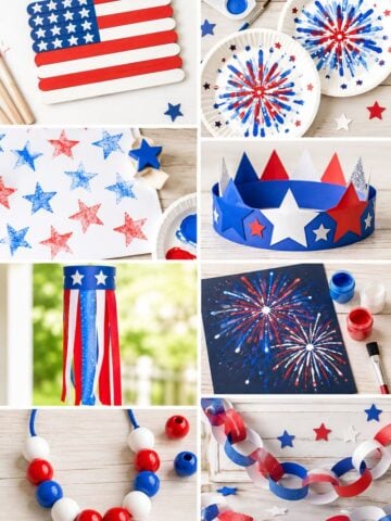 4th of July crafts for preschoolers collage with popsicle stick flags, paper plate fireworks, star stamping, patriotic paper crowns, windsocks, firework painting, beaded necklaces, and paper chain garlands
