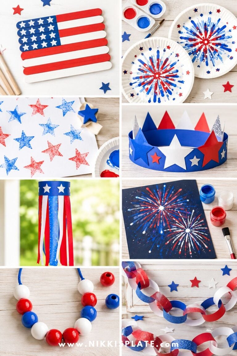 4th of July crafts for preschoolers collage with popsicle stick flags, paper plate fireworks, star stamping, patriotic paper crowns, windsocks, firework painting, beaded necklaces, and paper chain garlands