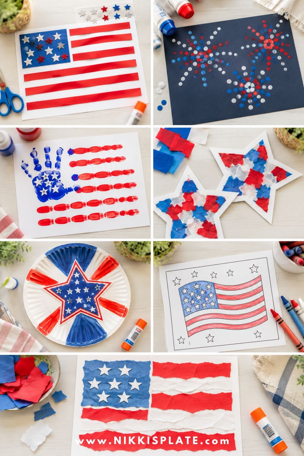 4th of July crafts for toddlers collage with sticker flag craft, dot marker fireworks, handprint flag, tissue paper stars, paper plate star craft, coloring page, and torn paper flag craft