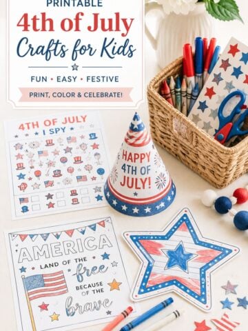 4th of July printable craft station for kids with coloring pages, party hat craft, crayons, markers, star stickers, scissors, and craft supplies in a basket