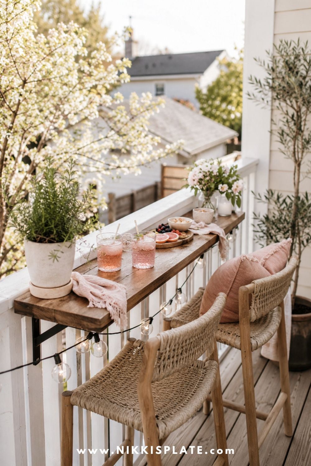 Deck railing bar with narrow wood ledge, pink drinks, potted herbs, snack board, flowers, and woven chairs on a cozy small balcony patio.