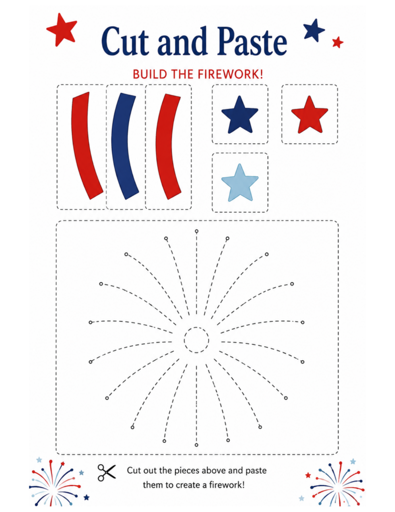 Cut and paste firework craft printable for kids with patriotic stars, red and blue paper pieces, and a 4th of July firework template.