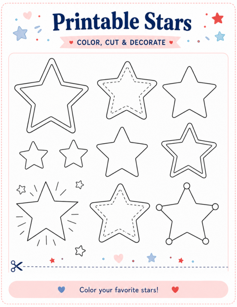 Printable 4th of July stars activity sheet for kids with patriotic star outlines to color, cut, and decorate for easy summer crafts.