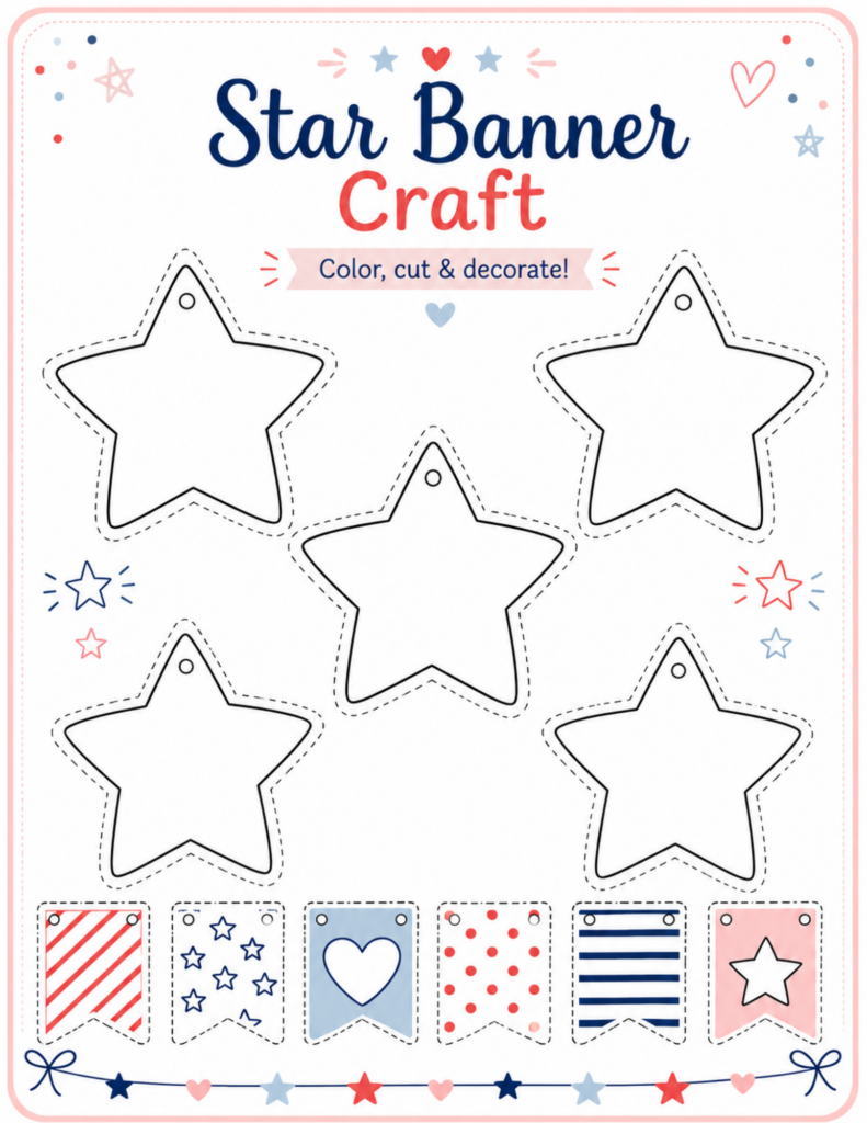 Star banner craft printable for kids with 4th of July star templates and patriotic banner pieces to color, cut, and decorate.