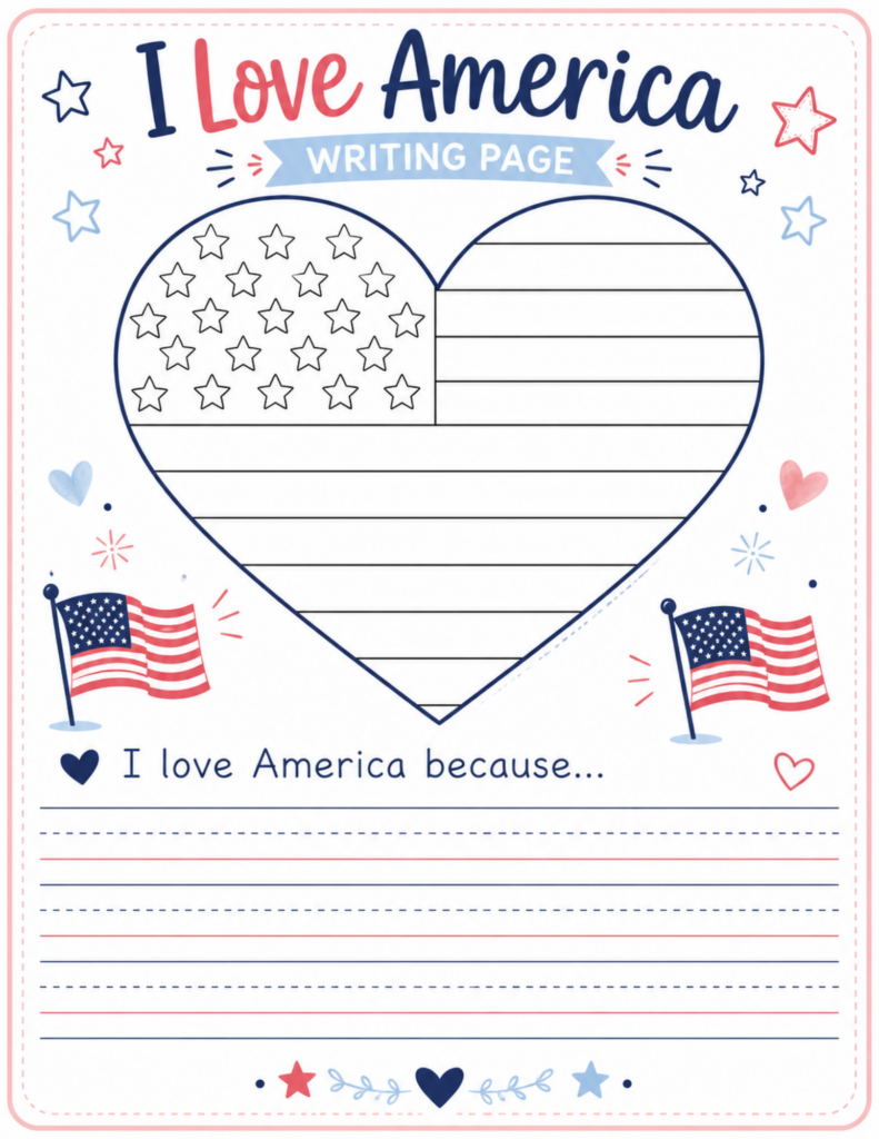 I Love America writing page and 4th of July coloring printable for kids with heart flag design, writing lines, and patriotic decorations.
