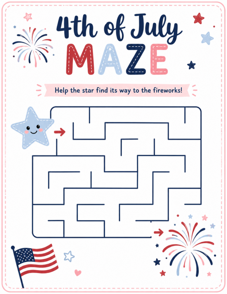 4th of July maze activity sheet for kids with star maze, fireworks, American flag, and patriotic summer activity printable.