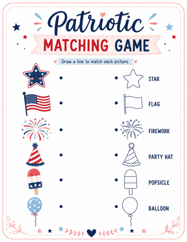 Patriotic matching game printable for kids with 4th of July pictures, American flag, star, firework, party hat, popsicle, and balloon activities.