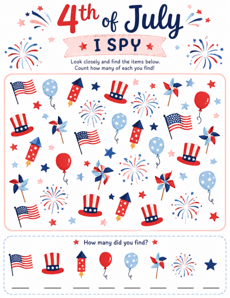 4th of July I Spy printable activity for kids with patriotic pictures, fireworks, American flags, balloons, stars, pinwheels, and counting fun.