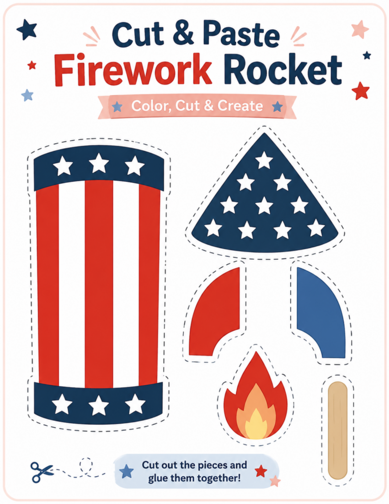 Cut and paste firework rocket craft printable for kids with patriotic rocket pieces, stars and stripes, and a 4th of July craft template.