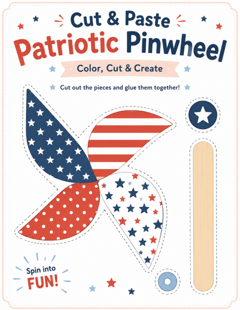 Cut and paste patriotic pinwheel craft printable for kids with red, white, and blue pieces, star patterns, and a 4th of July craft template.