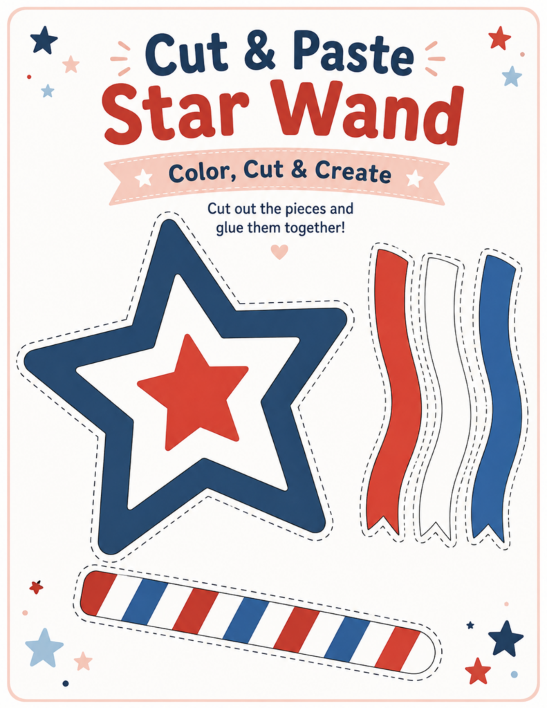 Cut and paste star wand craft printable for kids with patriotic star, red white and blue ribbons, and easy 4th of July craft pieces.