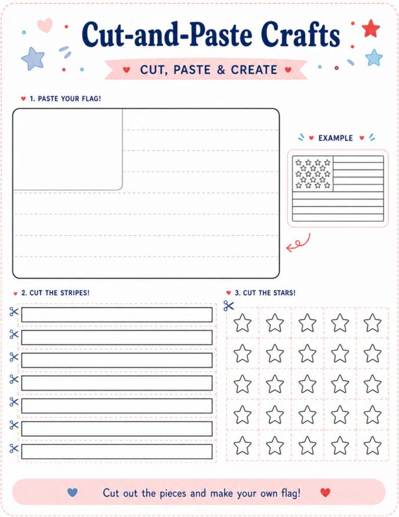 Cut-and-paste 4th of July flag craft printable for kids with stars, stripes, and a blank American flag template for patriotic crafts.