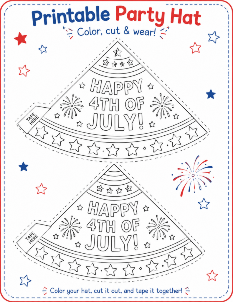 Printable 4th of July party hat craft for kids with patriotic hat templates to color, cut, tape, and wear for a summer celebration.
