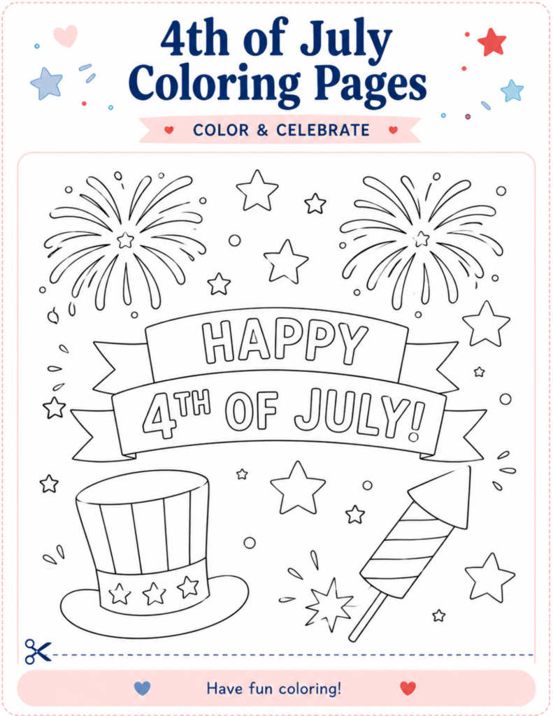 4th of July coloring page for kids with fireworks, stars, patriotic hat, rocket, and Happy 4th of July banner for summer activities.