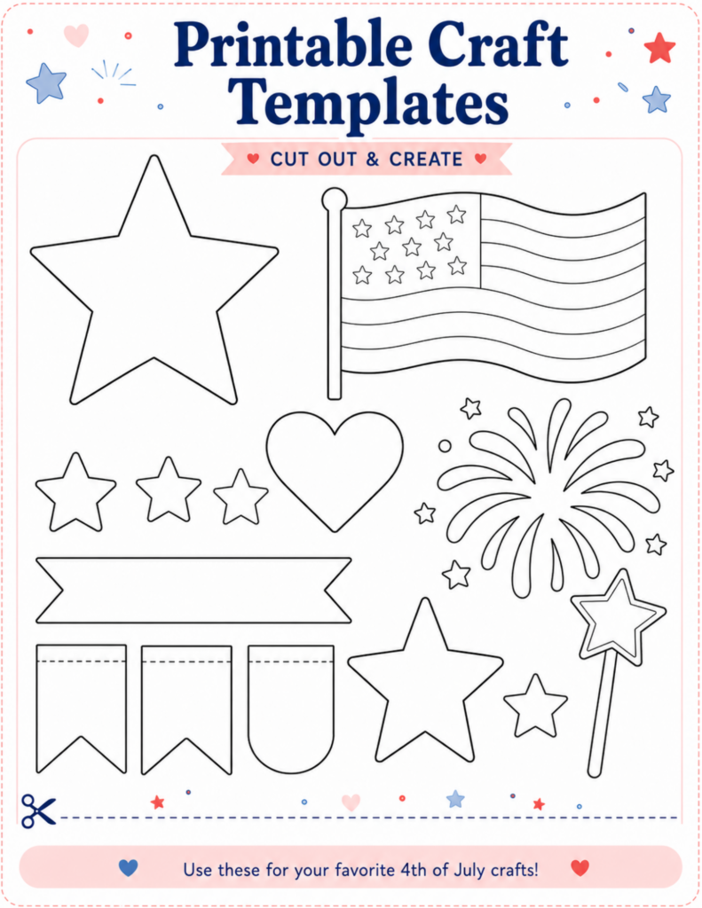 Printable 4th of July craft templates for kids with stars, American flag, heart, fireworks, banner pieces, and star wand shapes.