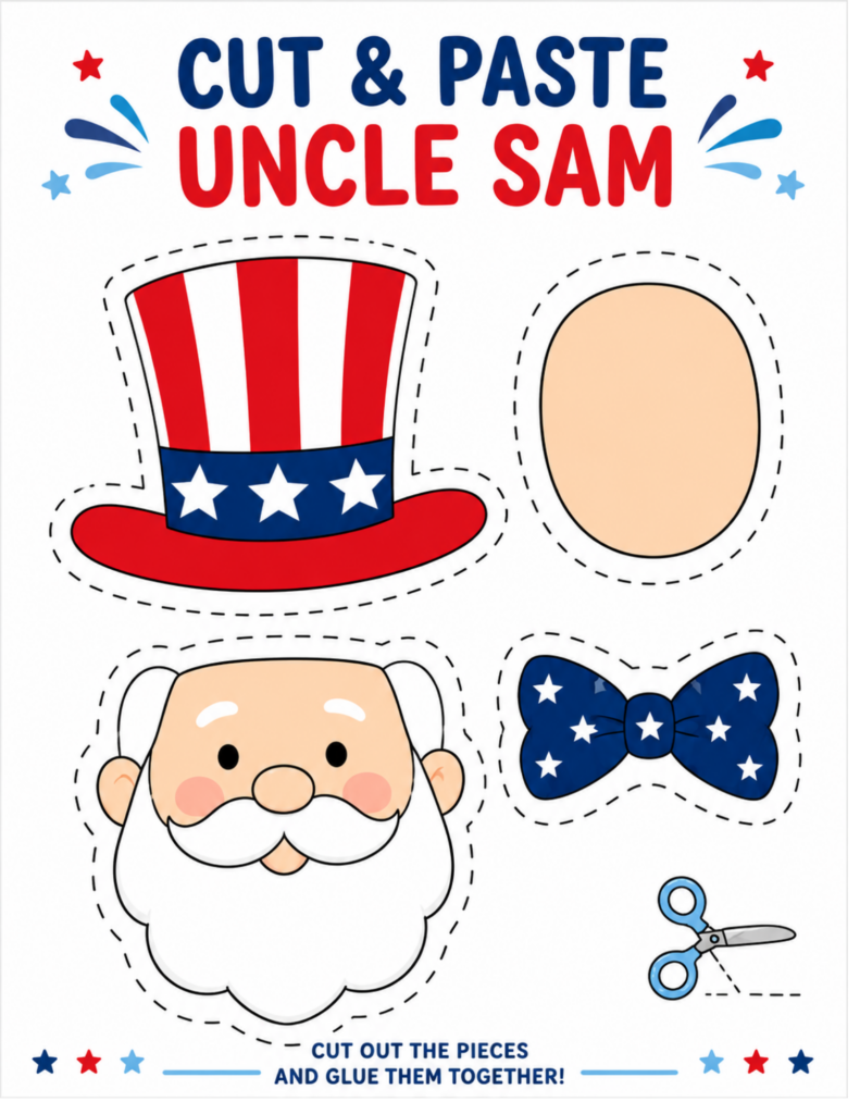 Cut and paste Uncle Sam craft printable for kids with patriotic hat, face, bow tie, and pieces for an easy 4th of July activity.