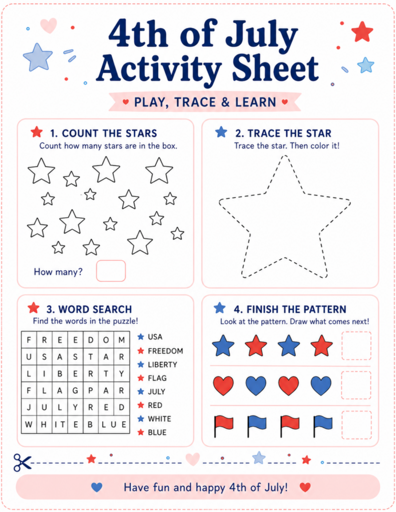 4th of July activity sheet for kids with counting stars, tracing, word search, and pattern activities for patriotic summer fun.