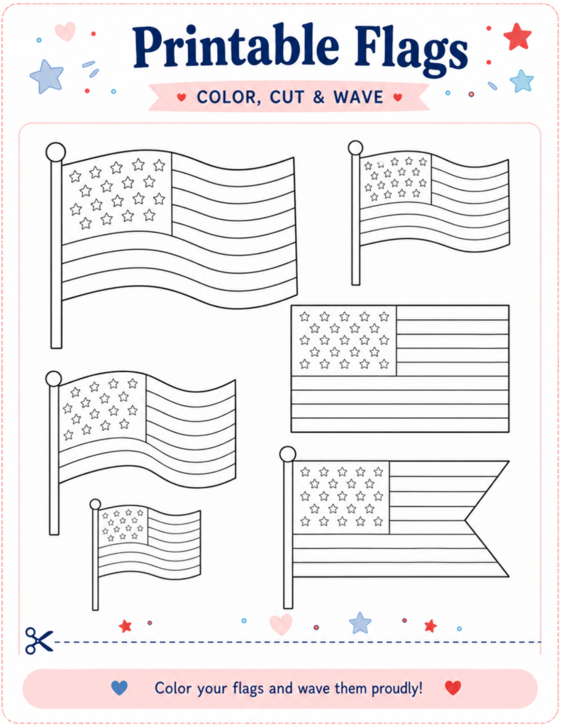 Printable 4th of July flags activity sheet for kids with American flag outlines to color, cut, and wave for patriotic crafts.