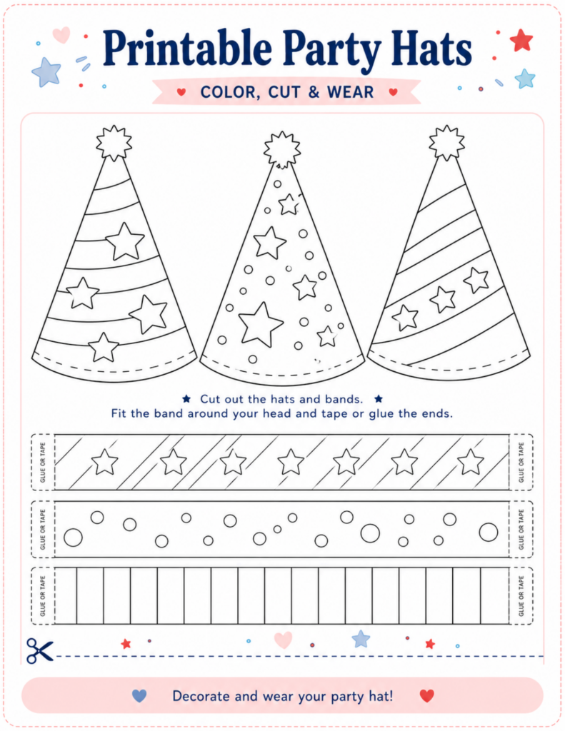 Printable 4th of July party hats for kids with patriotic hat templates to color, cut, and wear for summer celebrations.