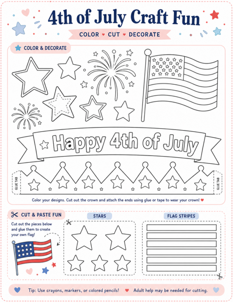 4th of July craft fun printable for kids with coloring pages, crown craft, flag cut-and-paste activity, stars, and patriotic templates.