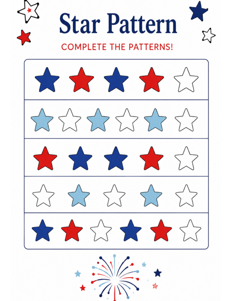 Star pattern activity sheet for kids with red, white, and blue stars to complete patterns for a fun 4th of July printable.