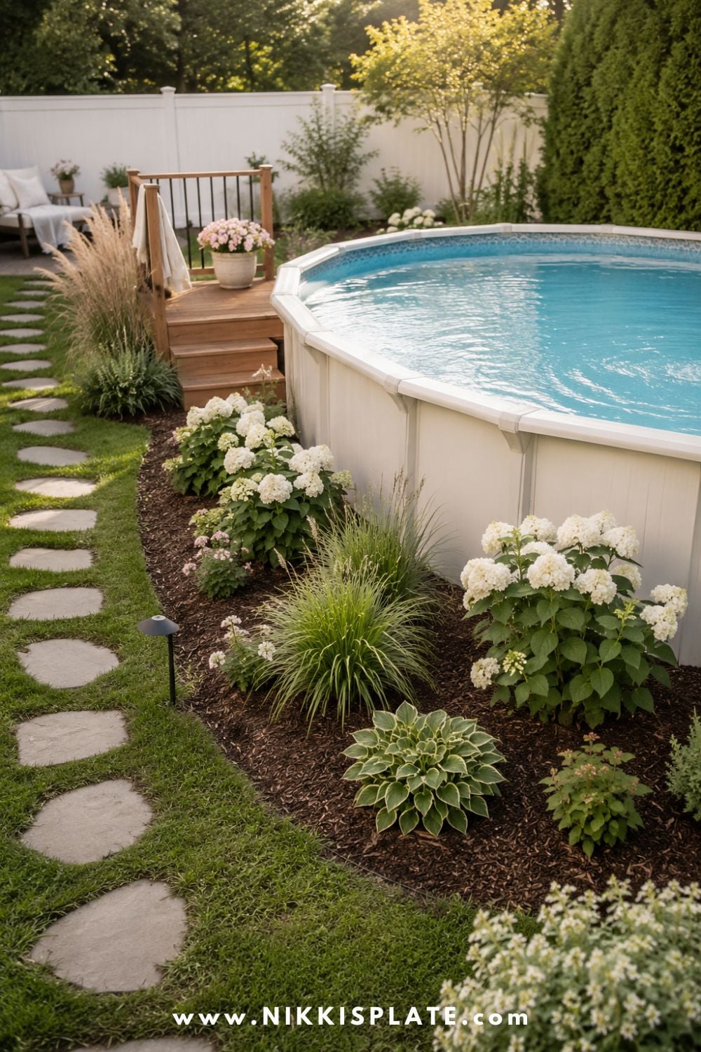 Above ground pool with a budget-friendly mulch garden border, white hydrangeas, ornamental grasses, and a stepping stone path.