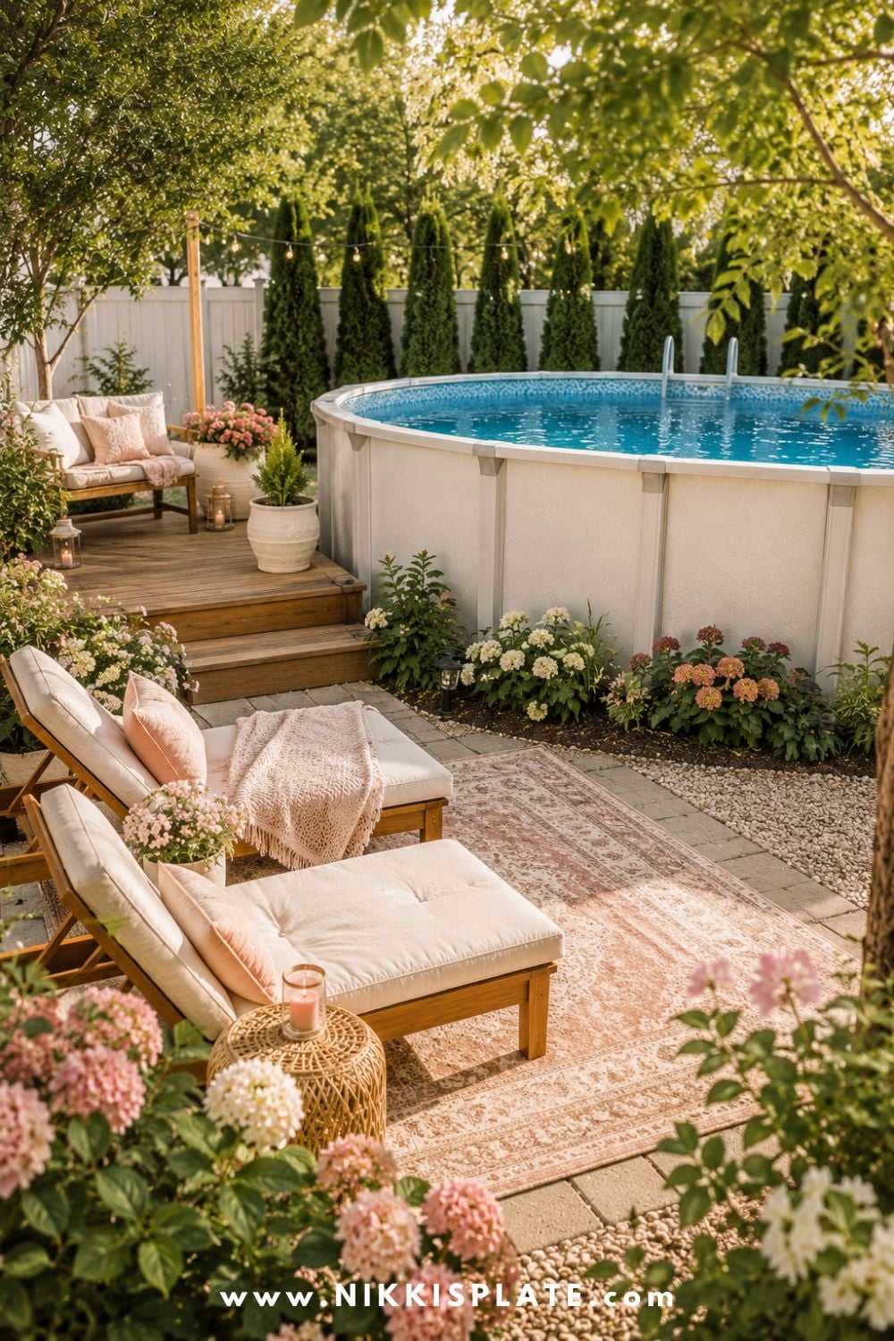Above ground pool with an outdoor rug, cushioned lounge chairs, blush pillows, soft flowers, and cozy backyard seating.