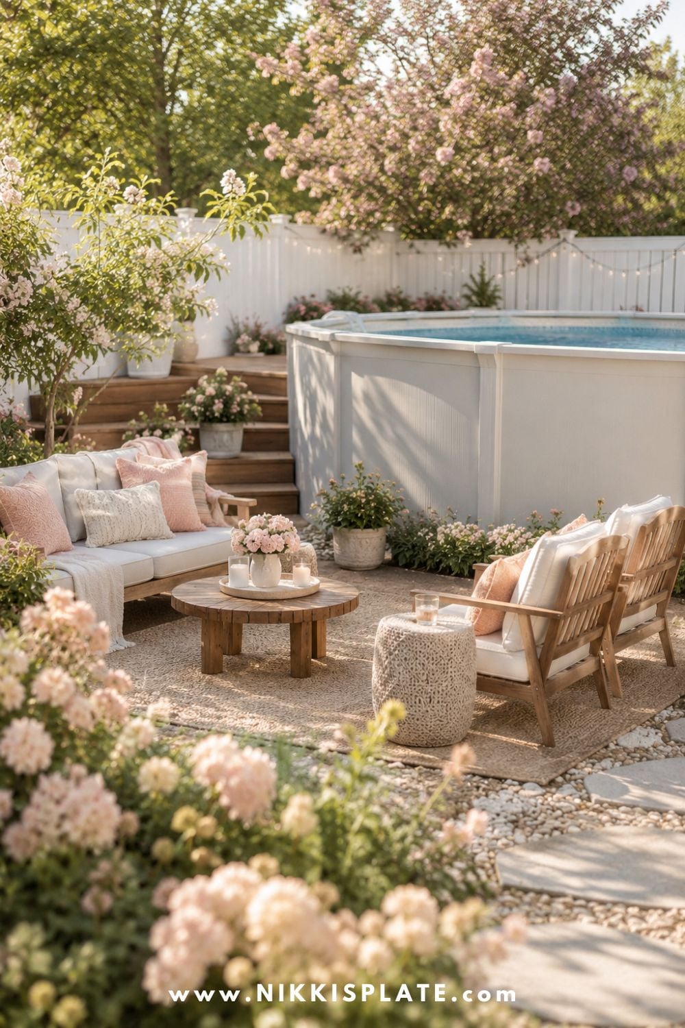 Above ground pool with a cozy poolside seating area, blush pillows, warm wood furniture, soft flowers, and a stone walkway.
