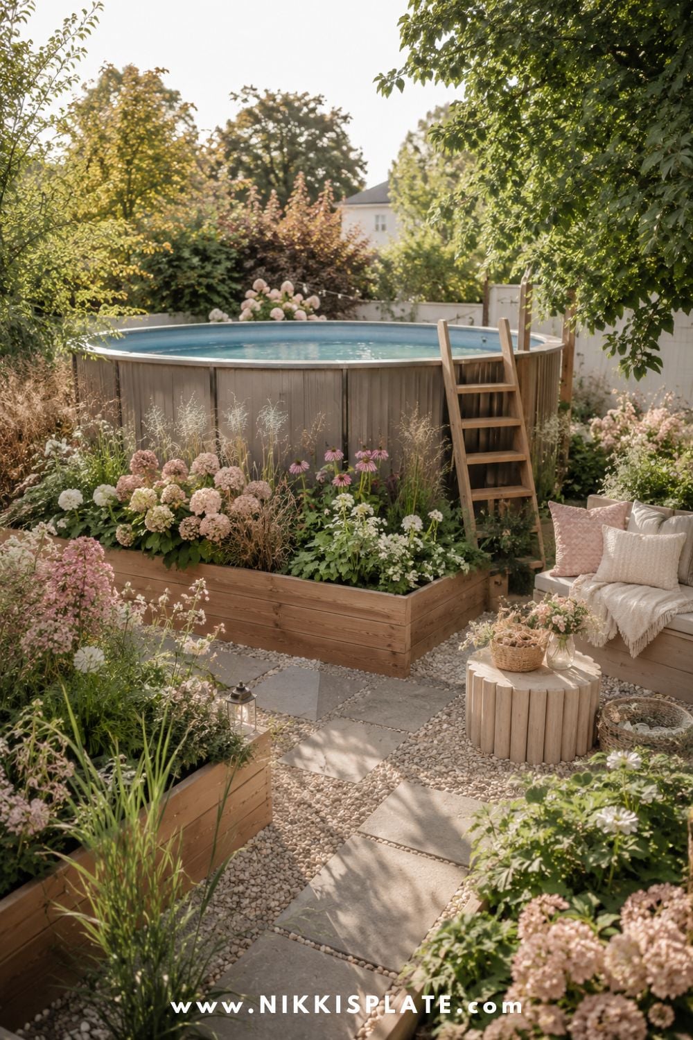 Tall above ground pool surrounded by raised garden beds, soft hydrangeas, ornamental grasses, gravel paths, and cozy backyard seating.