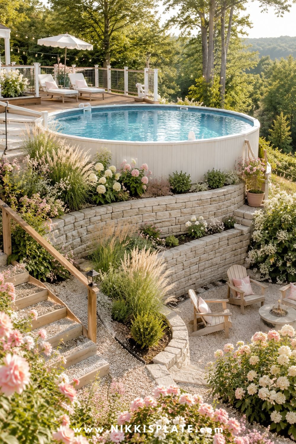 Above ground pool built into a sloped yard with stone retaining walls, layered garden beds, soft flowers, grasses, and cozy lower seating.