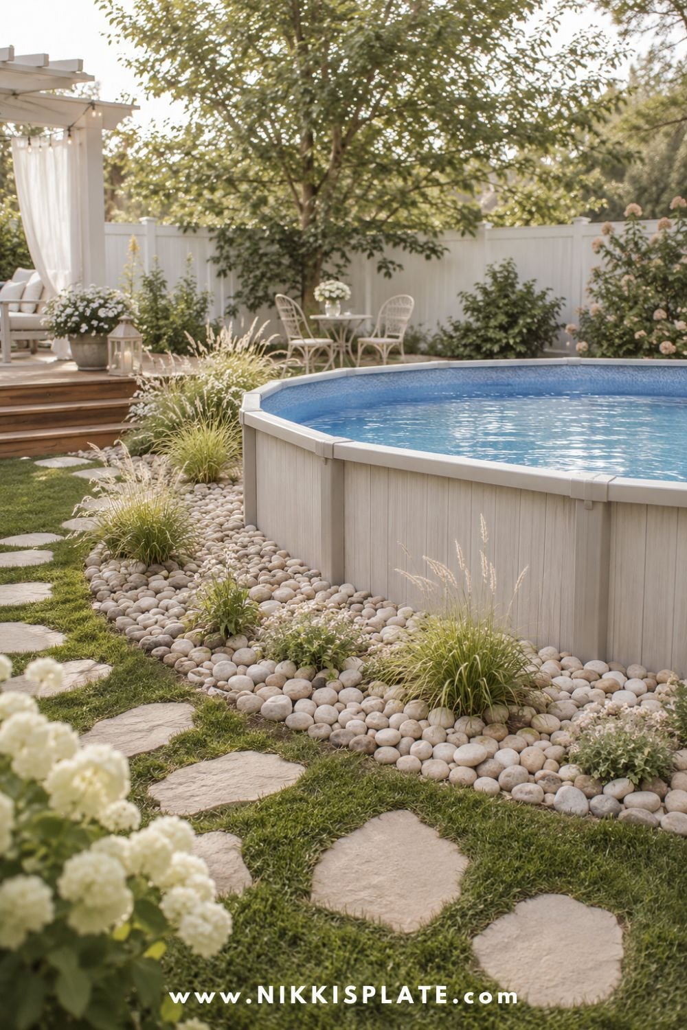 Above ground pool with a river rock border, soft ornamental grasses, stepping stone path, and bright backyard landscaping.