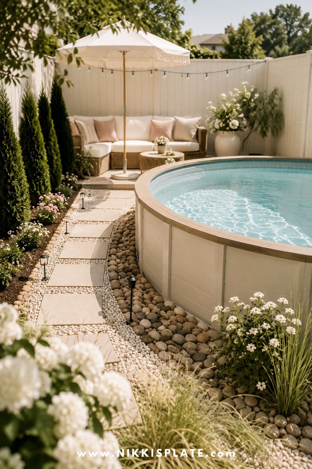 Small backyard pool zone with an above ground pool, narrow rock border, clean stepping stone walkway, compact seating, and simple planters.