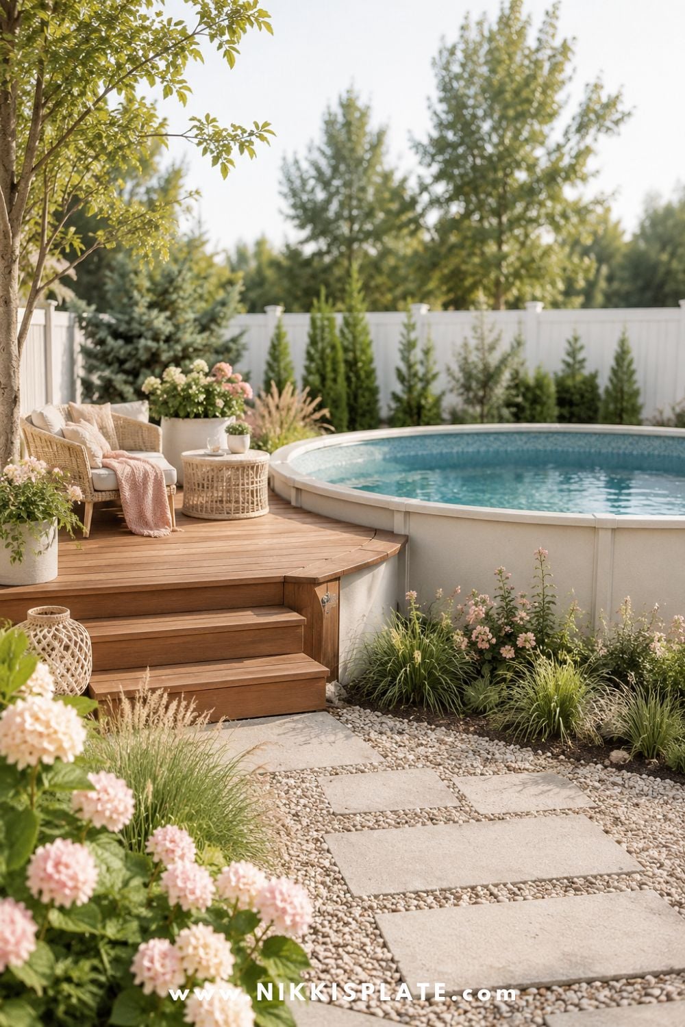 Above ground pool with a small wood deck, cozy seating, soft flowers, gravel edging, and a simple stone walkway.