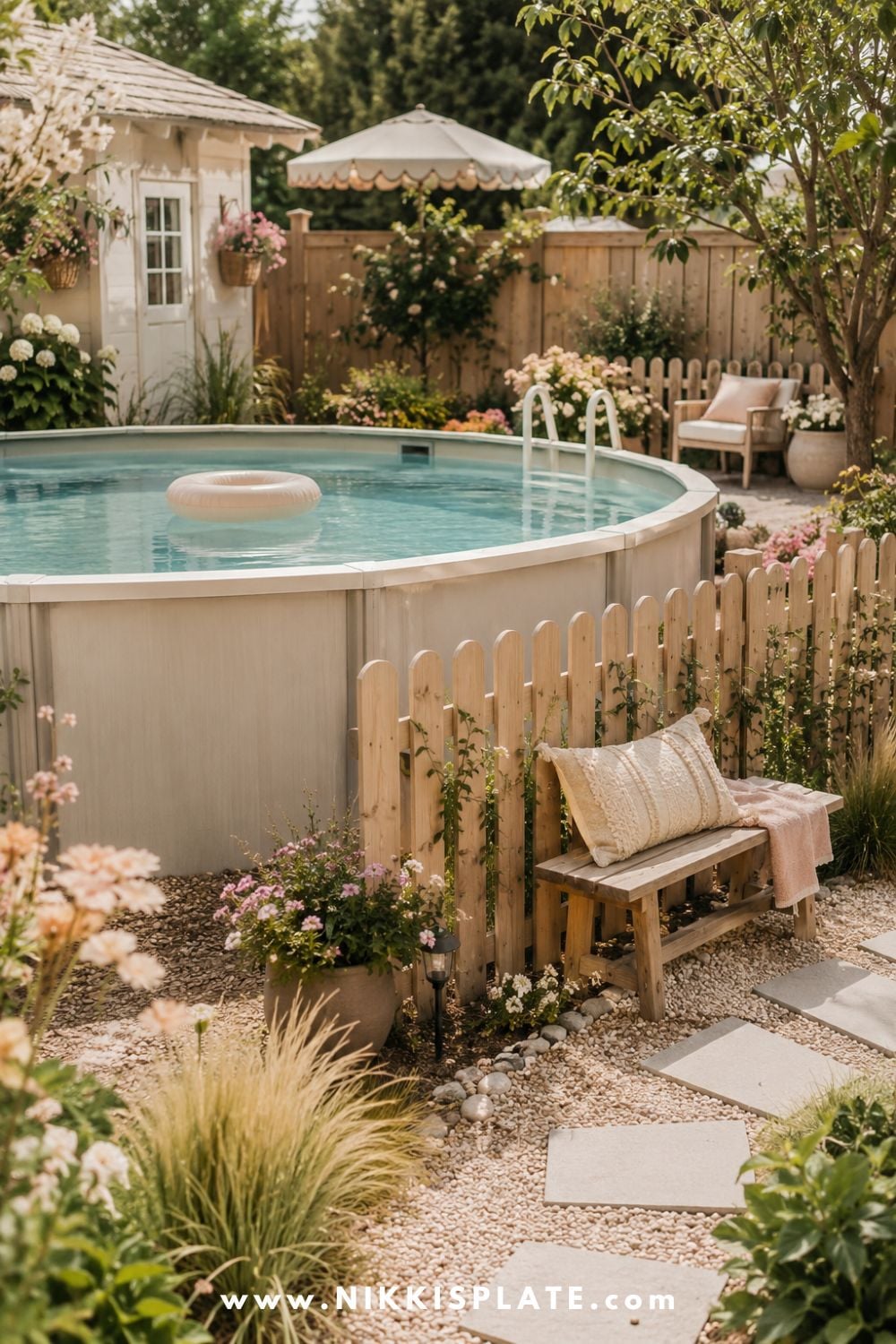 Above ground pool with a small wood privacy fence, cozy bench, soft flowers, gravel walkway, and warm backyard garden style.