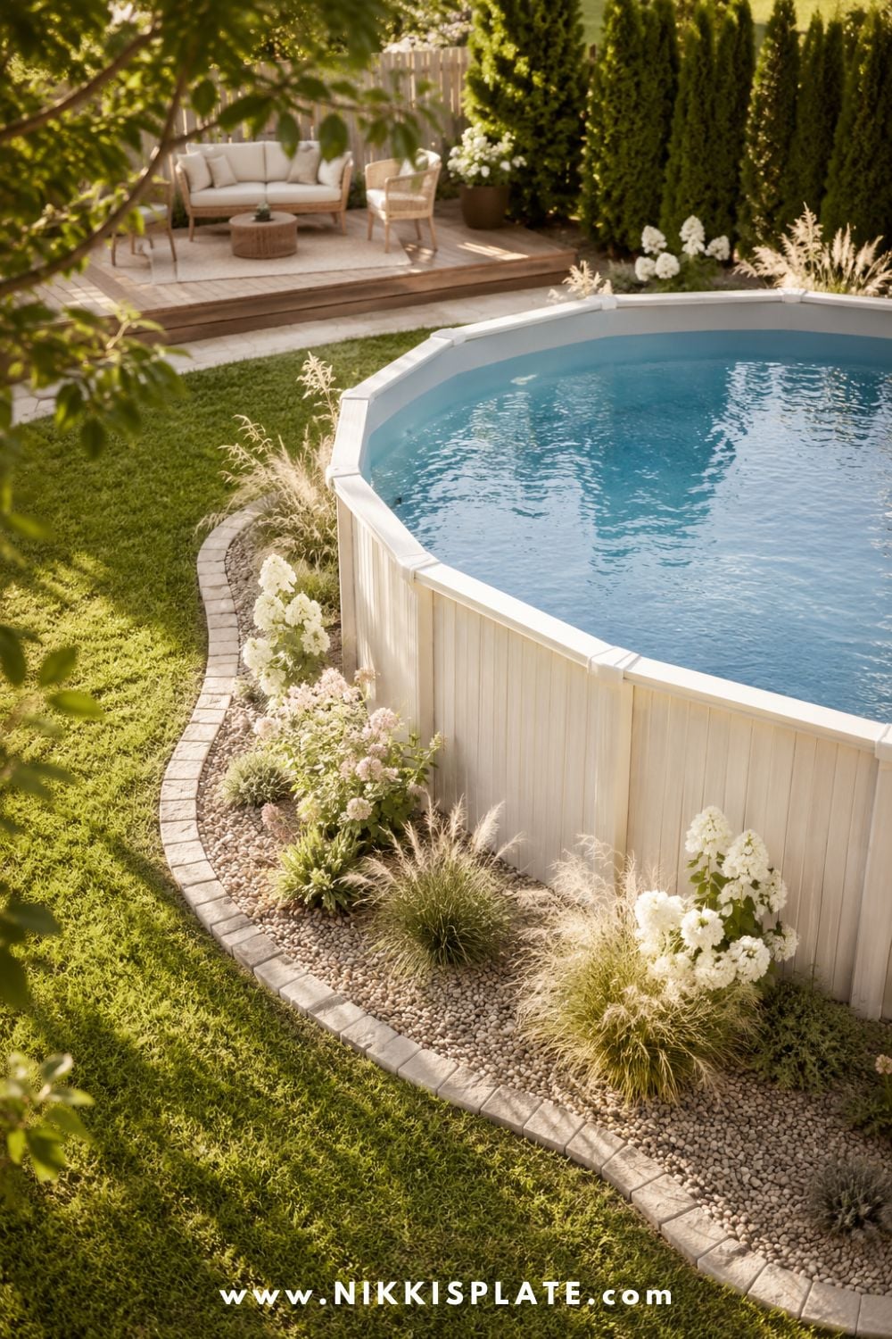 Tall above ground pool with stone edging, gravel border, soft ornamental grasses, white flowers, and a cozy backyard seating area.