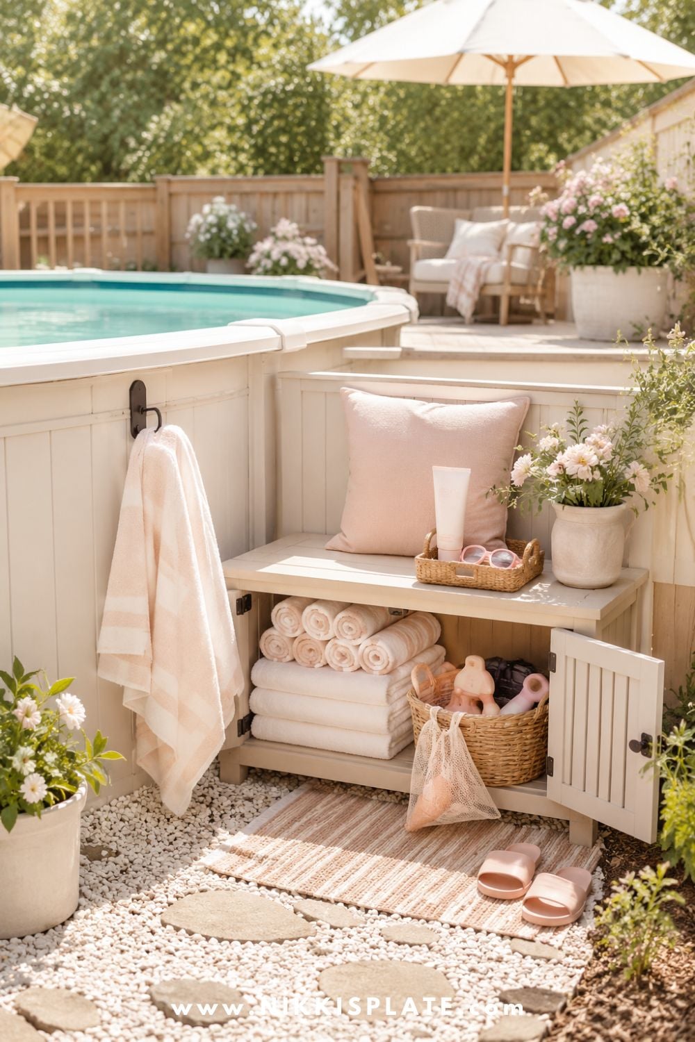 Above ground pool with a cream towel and storage station, folded pool towels, woven baskets, soft flowers, and a cozy gravel walkway.