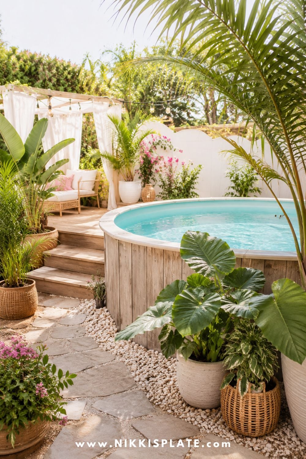 Above ground pool with tropical greenery in pots, cream planters, warm wood steps, stone pavers, and soft backyard seating.