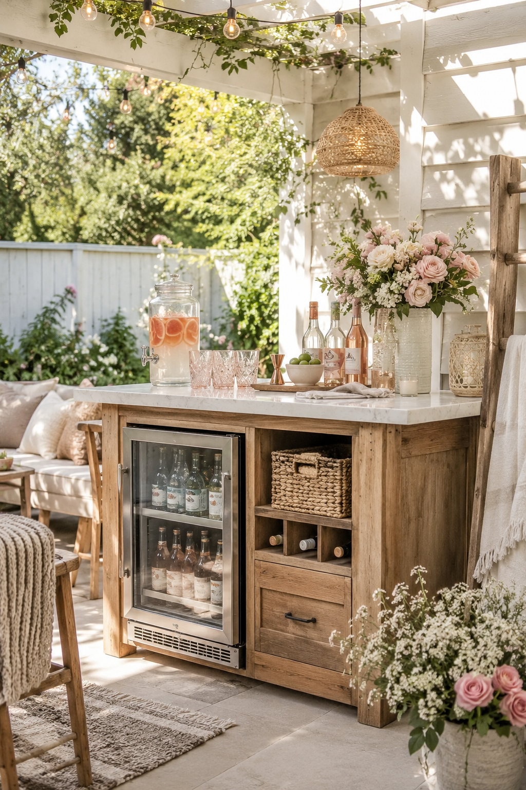 Backyard bar with mini fridge, warm wood cabinets, white countertop, pink drink dispenser, soft flowers, and cozy outdoor patio decor