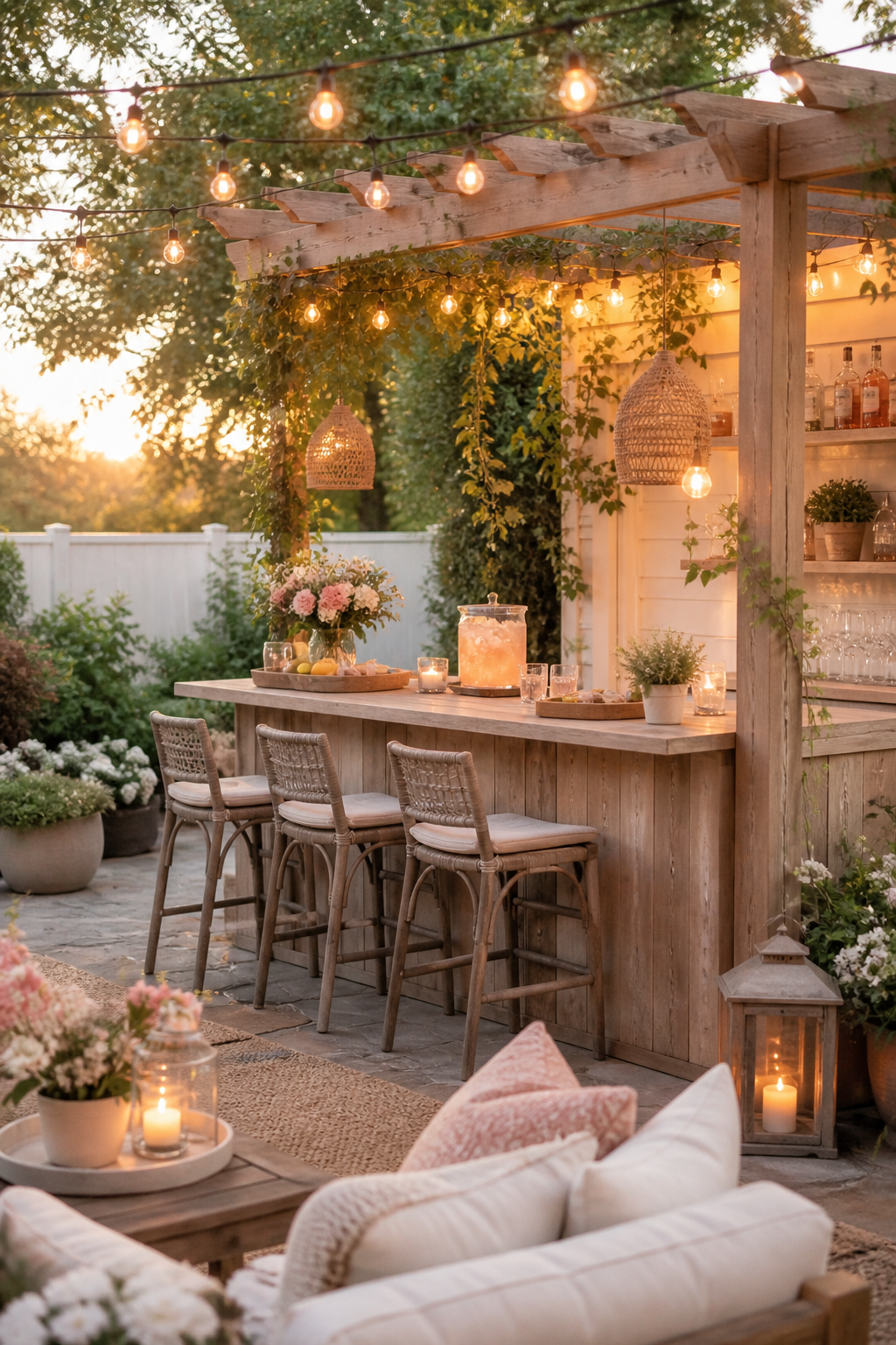 Backyard bar with string lights, warm wood counter, woven bar stools, pink drink dispenser, soft flowers, lanterns, and cozy outdoor seating