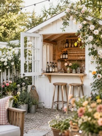 Pinterest pin collage featuring 25 backyard bar ideas with a garden bar shed, built-in outdoor bar, backyard kitchen bar, wicker stools, flowers, and cozy summer patio inspiration.