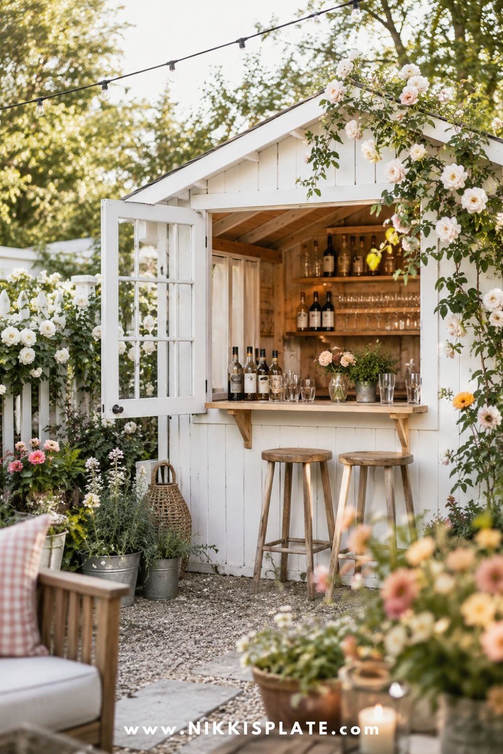 Bar shed with white farmhouse siding, warm wood serving counter, glassware, string lights, climbing roses, and cozy garden patio decor